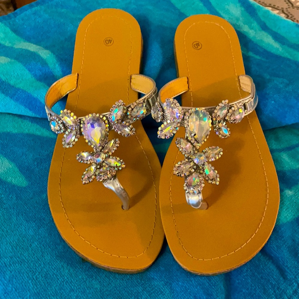 Silver jeweled sandals.  size 9, wide width.